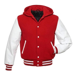 May include: Red and white varsity jacket with a hooded design. The jacket features white leather sleeves, a red body, and a striped hem and cuffs. It has a button-up front and two front pockets.