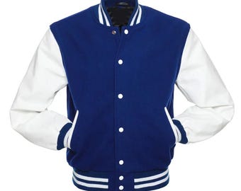 Custom Royal Blue Wool and White Leather Varsity Jacket Personalized Letterman Chenille Name Patch