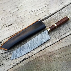 Custom Damascus Steel Kiritsuke Knife 15&quot; – Japanese Style Chef Knife with Brass Bolsters, Wood Handle & Leather Sheath