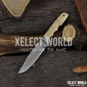 Damascus Steel Hunting Knife | Camel Bone Handle | Custom Handmade Knife with Leather Sheath | Gift for Him | Camping Gear