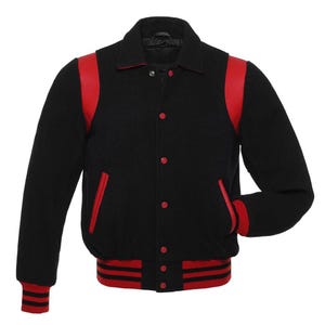 May include: A black varsity jacket with red accents. The jacket features red shoulder stripes, pocket trim, and ribbed cuffs and hem with red stripes. It has a button-up front and a classic collar.