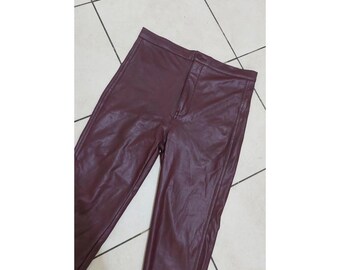 Maroon Genuine Leather Pants, Vintage Handmade Trousers, Luxury Fashion Bottoms