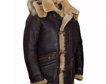Men’s Brown Sheepskin Shearling Leather Jacket – Handmade Aviator Winter Coat