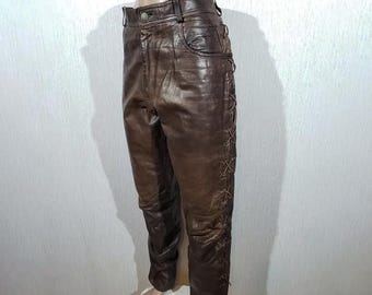 Brown Leather Pants Men, Slim Fit Biker Trousers, Lace Up Motorcycle Gothic Handmade