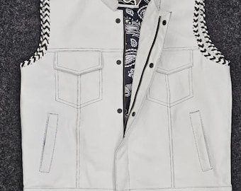 White Cowhide Leather Biker Vest - Men's Motorcycle Gilet, Paisley Lined