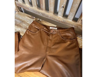 Women’s Camel Leather Pants, Genuine Leather Trousers, High Waist Slim Fit, Elegant Fashion Bottoms
