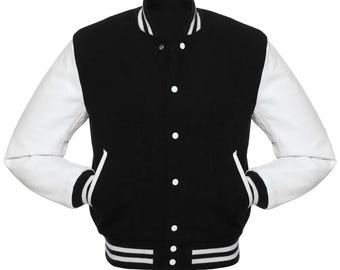 Black Wool White Leather Varsity Jacket Custom Letterman Personalized Chenille Patch Jacket Name Logo