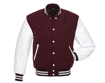 Maroon Varsity Jacket – Unisex Letterman Jacket, Retro College Bomber, Classic Wool Outerwear