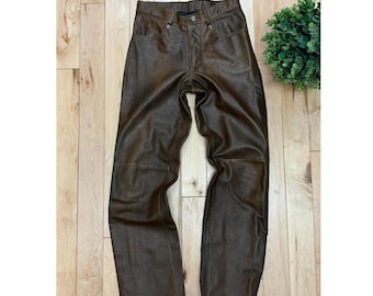 Vintage 1990s Dark Brown Leather Pants | Retro Jean Style Leather Trousers | Y2K Fashion