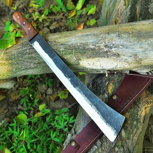 1075 Carbon Steel Tapanga Machete Handmade Full Tang Knife with Wood Handle Drop Point Blade Leather Sheath Survival Hunting Tool