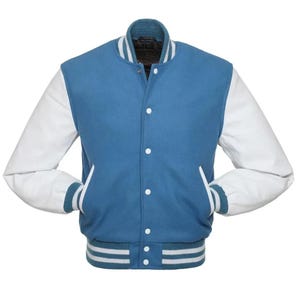 May include: A blue and white varsity jacket with a button-up front. The jacket features a blue body with white sleeves and ribbed cuffs and hem. The collar is also blue with white stripes. Two front pockets are visible.