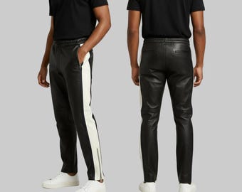 Men's Black & White Lambskin Trousers, Handmade Color Block Designer Bottoms, Custom Fit Streetwear