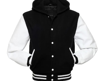 Black Wool Leather Varsity Jacket – Letterman Hooded Baseball Football School Sports Bomber Coat
