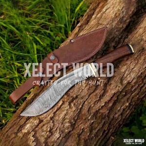 17&quot; Damascus Kukri Knife - Curved Machete with Wood Handle & Leather Sheath | Best Survival, Hunting and Camping Knife | Premium Quality