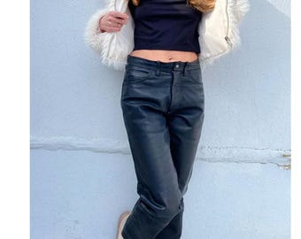 Women's Black Genuine Leather Trousers, High Waist Biker Bottoms, Handmade Motorcycle Wear