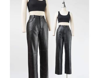 Vintage 90s Black Leather Pants Women Genuine Leather Biker Motorcycle Trousers Retro Jeans