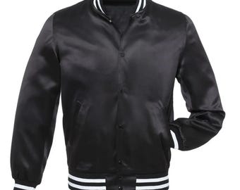 Custom Black Satin Varsity Jacket Personalized Letterman Bomber School Team Sports College Retro Jacket