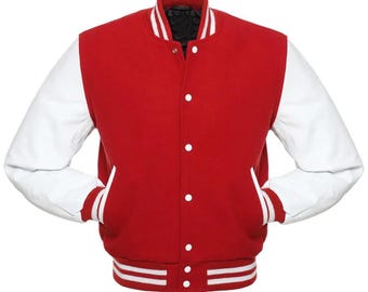Red Wool Varsity Bomber Jacket with Leather Sleeves – College Letterman Jacket, Embroidered School Style