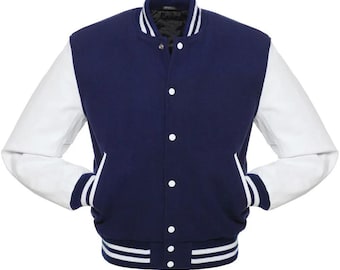 Navy Blue Wool White Leather Varsity Jacket Handmade Letterman Baseball Coat Retro Gift Wear