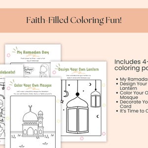 May include: A collection of coloring pages with the text "Faith-Filled Coloring Fun!" includes pages titled "My Ramadan Day," "Design Your Own Lantern," and "Color Your Own Mosque." The pages are black and white line drawings.