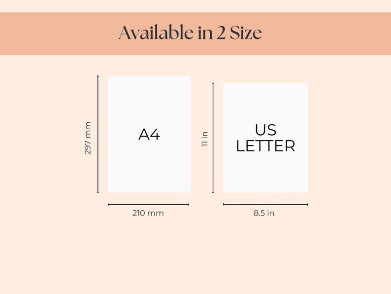 K&ouml;nnte beinhalten: Bild mit zwei Papierformaten: A4 (210 mm x 297 mm) und US Letter (8,5 Zoll x 11 Zoll). Der Text "Erh&auml;ltlich in 2 Gr&ouml;&szlig;en" steht oben. Das A4-Format ist mit seinen Abmessungen in Millimetern beschriftet, w&auml;hrend das US Letter-Format mit seinen Abmessungen in Zoll beschriftet ist.