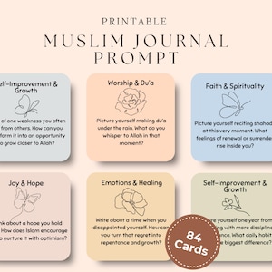Pode incluir: Cartões de prompts de diário muçulmano imprimíveis com perguntas sobre autoaperfeiçoamento, adoração, fé, alegria, emoções e crescimento. Cada cartão apresenta uma pergunta única e uma delicada ilustração floral ou de borboleta. O conjunto inclui 84 cartões.
