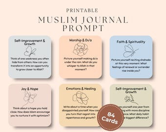 Tarjetas de inspiración para diario musulmán, 84 preguntas imprimibles para la reflexión islámica, tarjetas de gratitud y súplicas musulmanas, ideas para diario islámico de crecimiento personal.