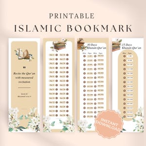May include: Printable Islamic bookmarks with floral accents and text. The bookmarks include a quote, a 30-day Khatam Qur'an tracker, and a 15-day Khatam Qur'an tracker. The design is in shades of beige and white.