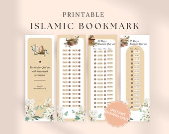 Marcadores de seguimiento del Corán Khatam, juego de marcapáginas islámicos florales imprimibles, lista de verificación Juz, seguimiento de recitación del Corán, planificador de objetivos del Corán Khatam