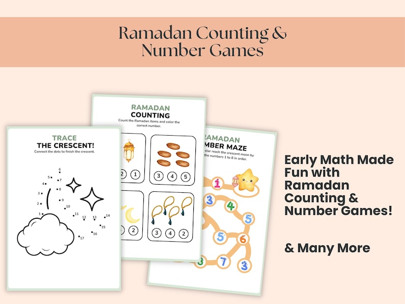 May include: Educational Ramadan-themed games for kids. The image shows three white pages with different activities, including tracing a crescent, counting, and a number maze. Text on the image says "Ramadan Counting & Number Games" and "Early Math Made Fun with Ramadan Counting & Number Games!"