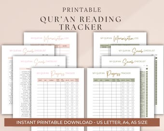 Rastreador de lectura del Corán imprimible, rastreador de recitación y memorización del Corán, planificador digital del Corán, planificador Hifdh, estudio del Corán, lista de verificación de suras