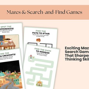 May include: A collection of mazes and search games with titles like "Spot the Differences" and "Find the Path to Iftar!" The games feature illustrations of tables, mosques, and crescent moons. Text reads "Exciting Mazes & Search Games That Sharpen Thinking Skills!"