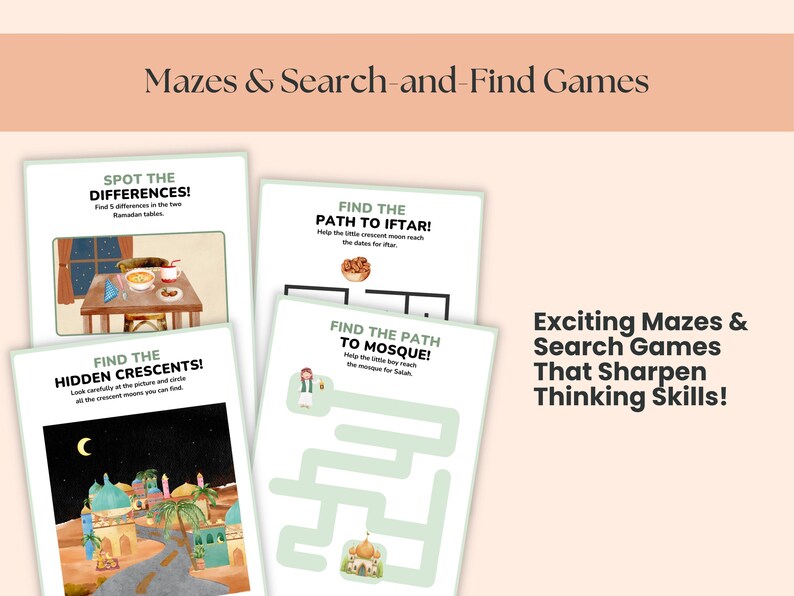 May include: A collection of mazes and search games with titles like "Spot the Differences" and "Find the Path to Iftar!" The games feature illustrations of tables, mosques, and crescent moons. Text reads "Exciting Mazes & Search Games That Sharpen Thinking Skills!"