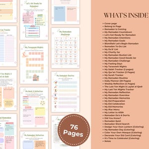 May include: A digital planner with 76 pages, featuring templates for Ramadan, including trackers, goals, and reflections. The planner includes sections for daily planning, challenges, and notes, with a warm color palette.