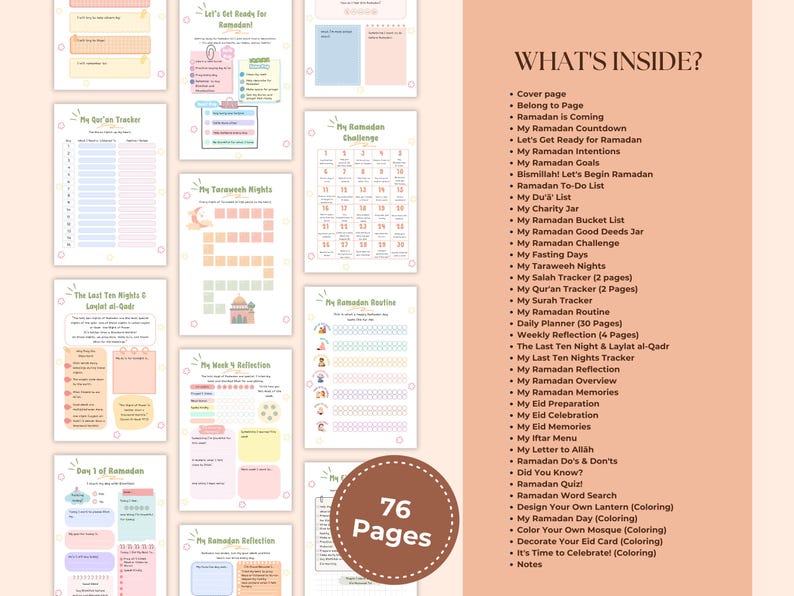 May include: A digital planner with 76 pages, featuring templates for Ramadan, including trackers, goals, and reflections. The planner includes sections for daily planning, challenges, and notes, with a warm color palette.