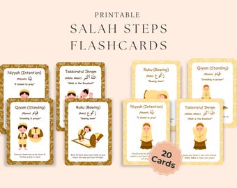 Salah Steps Flashcards: Printable Muslim Prayer Cards for Kids, Learn Islamic Salat Positions PDF