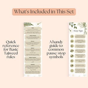 Peut inclure: Deux tableaux imprimables avec des bordures de feuillage vert. Le tableau de gauche est un guide de r&eacute;f&eacute;rence rapide pour les r&egrave;gles de base du Tajwid. Le tableau de droite est un guide pratique des symboles de pause/arr&ecirc;t courants utilis&eacute;s dans le Coran.