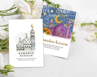 Ramadan Mubarak Card Printable: Minimalist White Islamic Greeting Card in Flat and Folded PDF