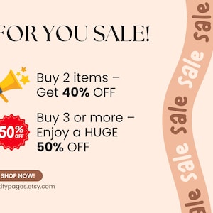 K&ouml;nnte beinhalten: Werbegrafik mit dem Text &bdquo;FOR YOU SALE!&ldquo; und Rabattangeboten. Kaufen Sie 2 Artikel, erhalten Sie 40 % Rabatt. Kaufen Sie 3 oder mehr, erhalten Sie einen RIESIGEN Rabatt von 50 %. Enth&auml;lt ein Megaphon-Symbol und ein rotes Abzeichen mit &bdquo;50 % RABATT&ldquo;.