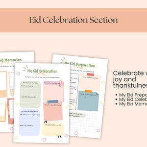 May include: Three printable pages with the text "Eid Celebration Section", "My Eid Memories", "My Eid Celebration", and "My Eid Preparation". The pages have space for notes and photos, with a peach and green color scheme.
