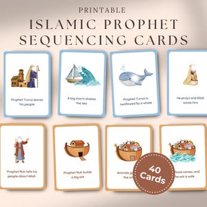 May include: Printable Islamic Prophet Sequencing Cards featuring illustrations of biblical stories. The cards include text such as "Prophet Yunus leaves his people" and "Prophet Nuh builds a big ark". The set includes 40 cards.