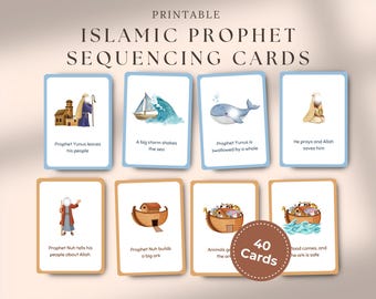 Tarjetas imprimibles de secuencias de los profetas islámicos, actividad de la historia del profeta para niños, tarjetas didácticas con historias islámicas, aprendizaje musulmán, tarjetas de juego islámicas