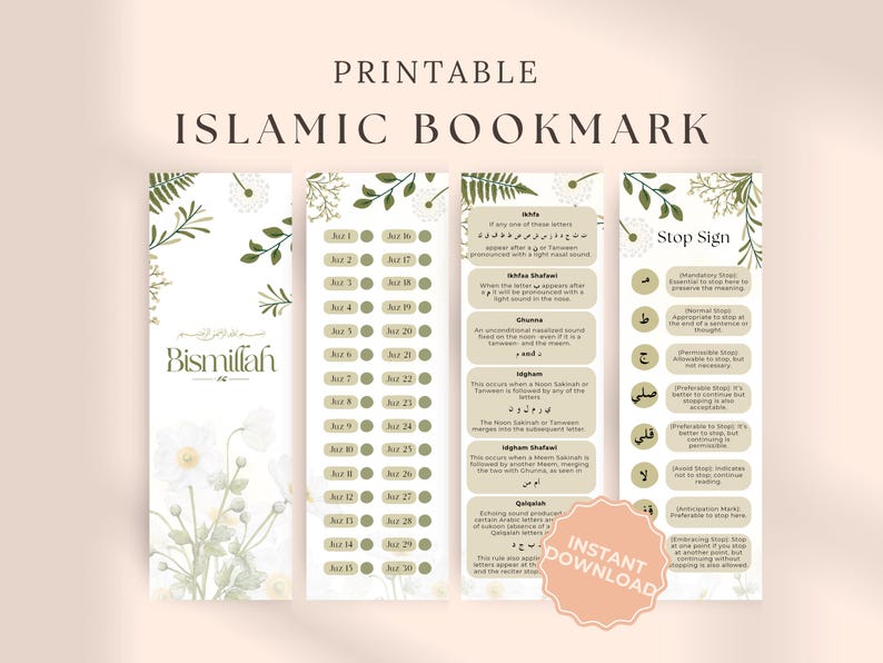 Peut inclure: Signet de livre islamique imprimable avec des motifs floraux. Le signet comprend une section avec la phrase arabe "Bismillah" et une autre section avec un tableau des lettres arabes et leurs r&egrave;gles de prononciation. Le signet comprend &eacute;galement une section sur les signes d'arr&ecirc;t en arabe.