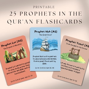 May include: Printable flashcards featuring 25 prophets from the Qur'an. Three cards are visible, including Prophet Lut, Prophet Nuh, and Prophet Yusuf. Each card has an illustration and text describing the prophet's story, with references to the Qur'an.
