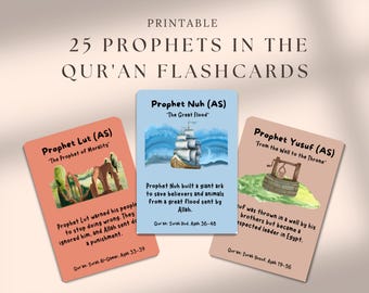 Tarjetas didácticas de 25 profetas del Corán, historias de profetas islámicos para niños, aprendizaje islámico para niños, material imprimible para la educación en casa musulmana, tarjeta de profeta