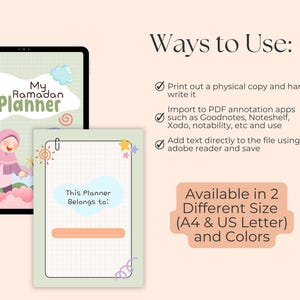 May include: Digital Ramadan planner displayed on a tablet and a printed page. The planner features a cartoon illustration of a person with a wand. The text on the planner says "My Ramadan Planner". The printed page has a grid and the text "This Planner Belongs to:"
