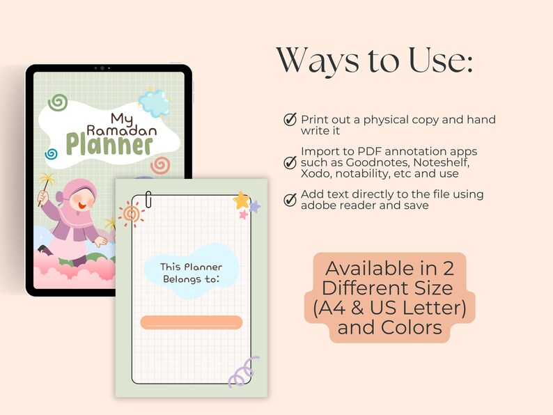 May include: Digital Ramadan planner displayed on a tablet and a printed page. The planner features a cartoon illustration of a person with a wand. The text on the planner says "My Ramadan Planner". The printed page has a grid and the text "This Planner Belongs to:"