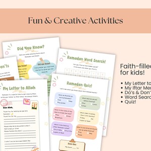 May include: A collection of printable Ramadan activity sheets for kids, featuring a letter to Allah, an iftar menu, do's and don'ts, a word search, and a quiz. The sheets are designed with a soft color palette and playful illustrations.