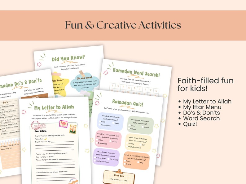 May include: A collection of printable Ramadan activity sheets for kids, featuring a letter to Allah, an iftar menu, do's and don'ts, a word search, and a quiz. The sheets are designed with a soft color palette and playful illustrations.