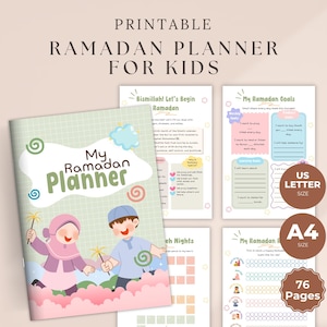 May include: A printable Ramadan planner for kids. The cover features a cartoon illustration of two children holding sparklers. The planner includes pages for goals, activities, and tracking, with text that reads "My Ramadan Planner".